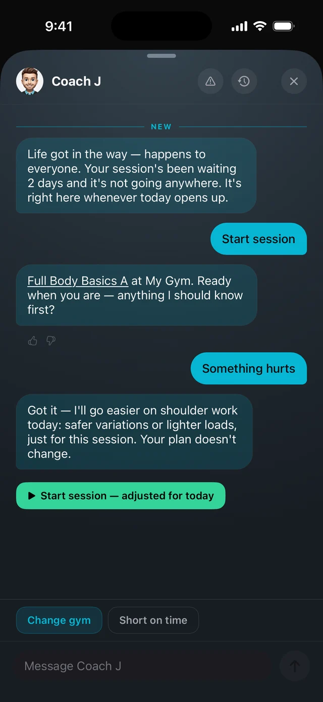 Coach J chat in Weekday: the user says something hurts and Coach J adjusts the session for a sore shoulder.